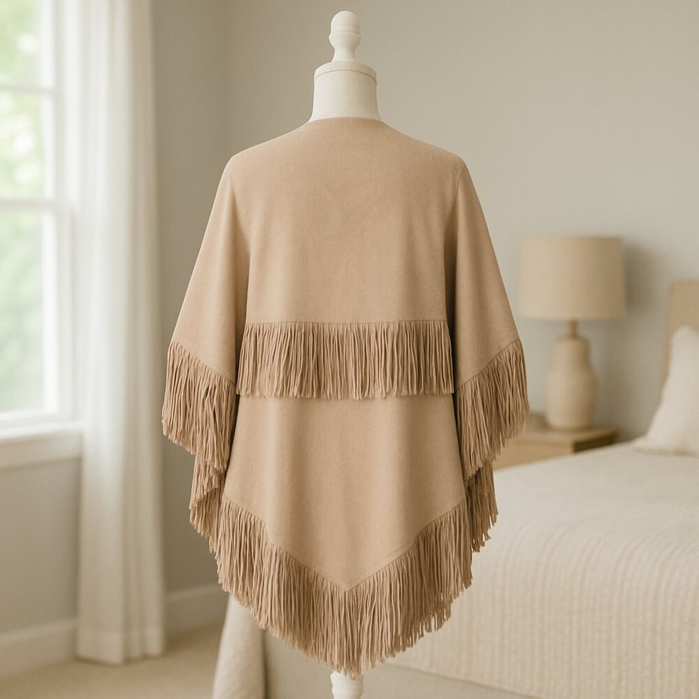Fringe Boho Wrap Drape Shawl Poncho Vest One Size - Picture 2 of 5